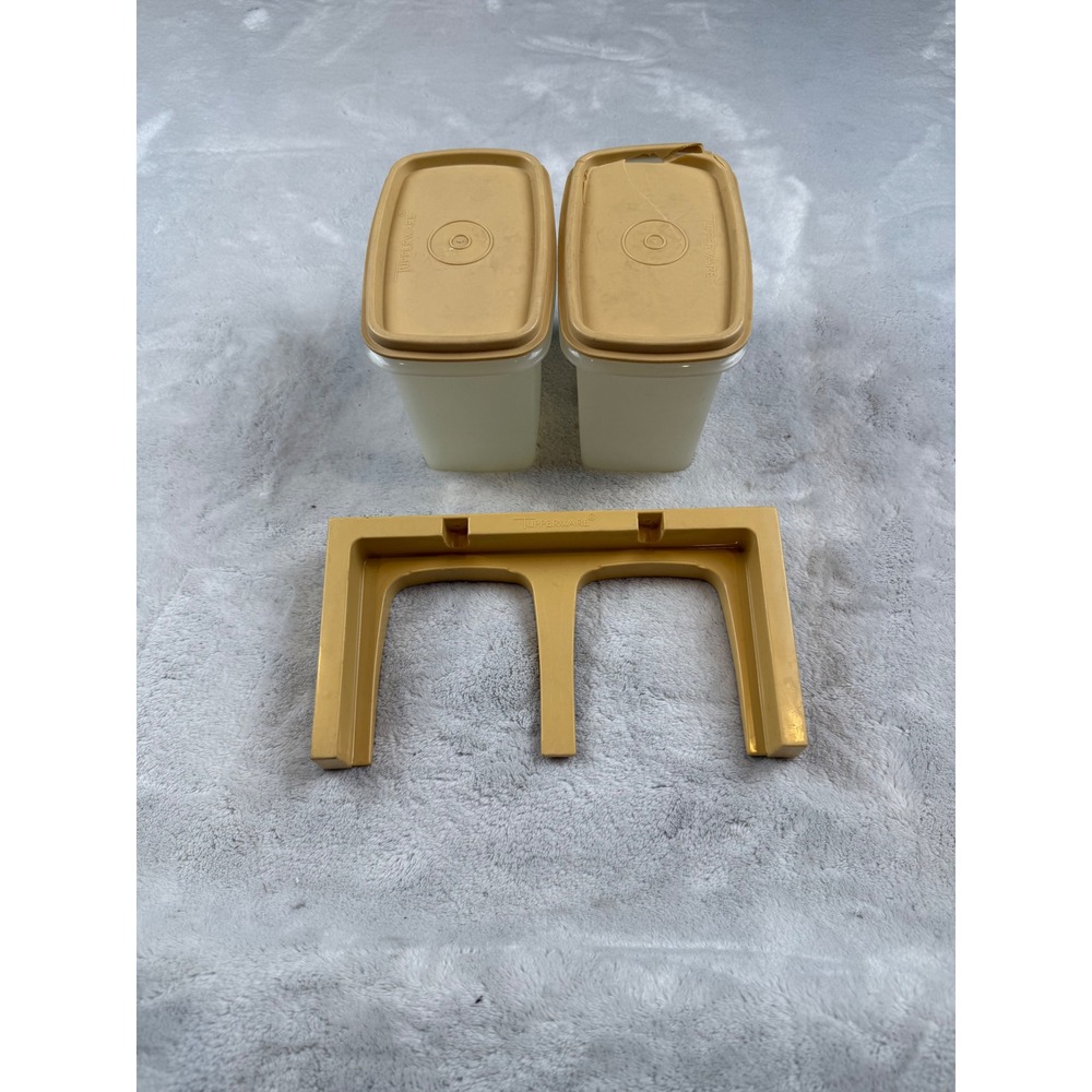 Tupperware Canisters Set of 2 with Stand Beige Tan Vintage Kitchen Storage‎